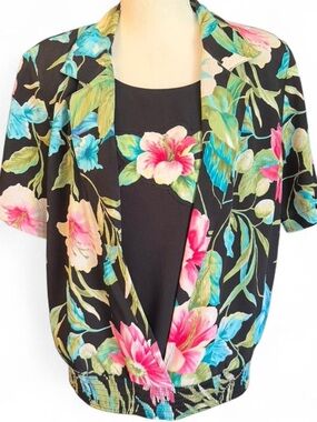 Alfred Dunner Black Floral Open Drape Top with Pink & Teal Blooms